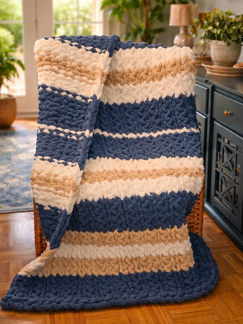 Chunky Striped Crochet Throw Blanket - Navy, Cream & Tan